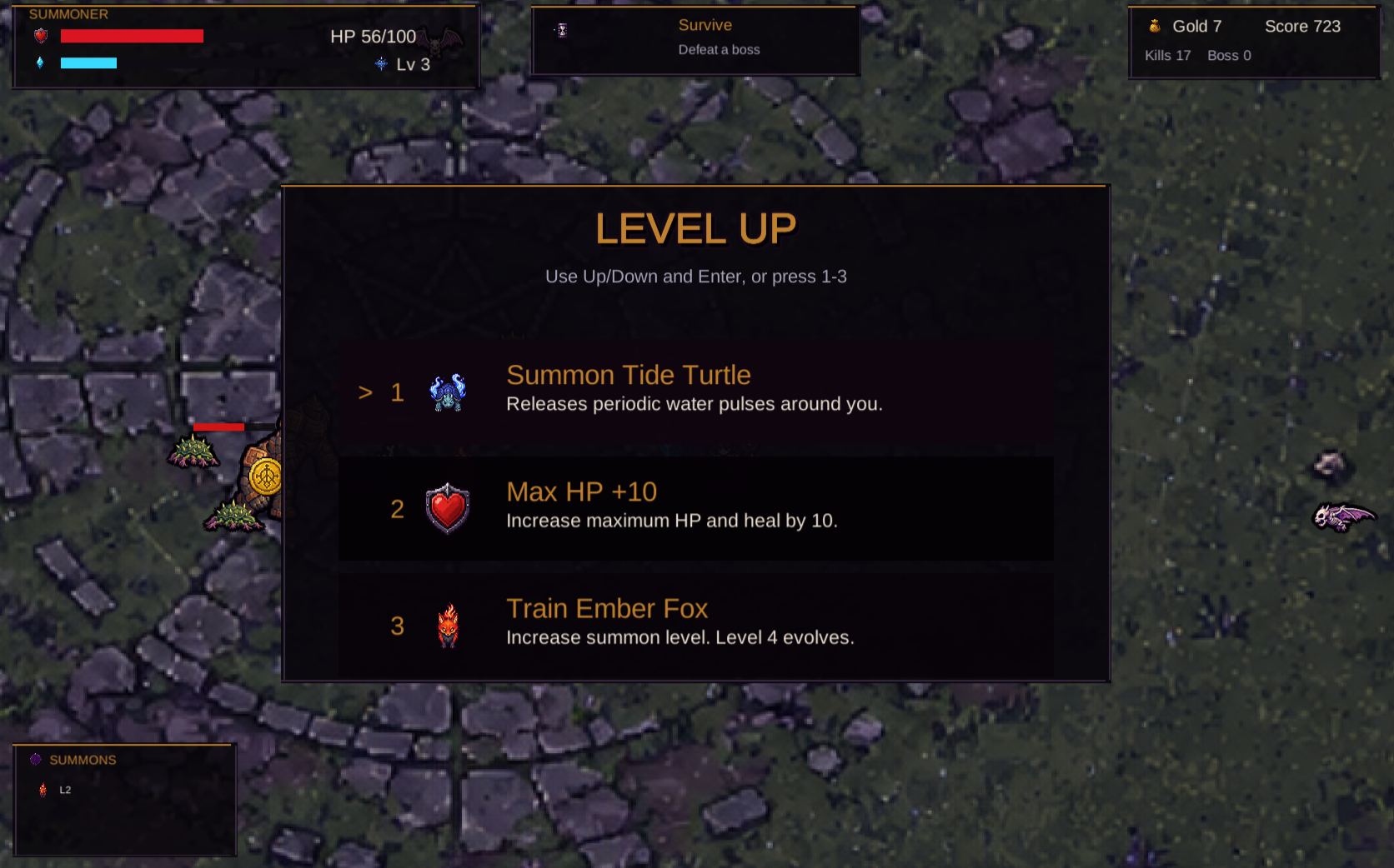 Summon Survivors Unity WebGL level-up menu