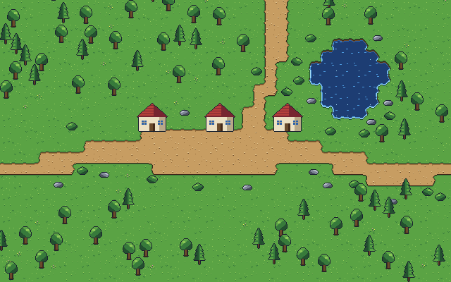 Code-made top-down meadow map with roads, a pond, houses and trees