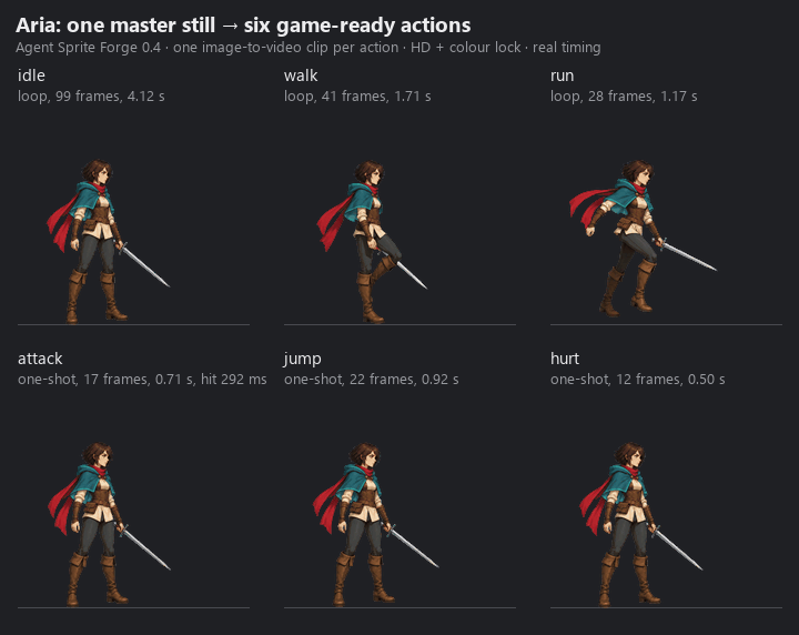 Aria's six actions at real timing: idle, walk and run loops; attack, jump and hurt one-shots