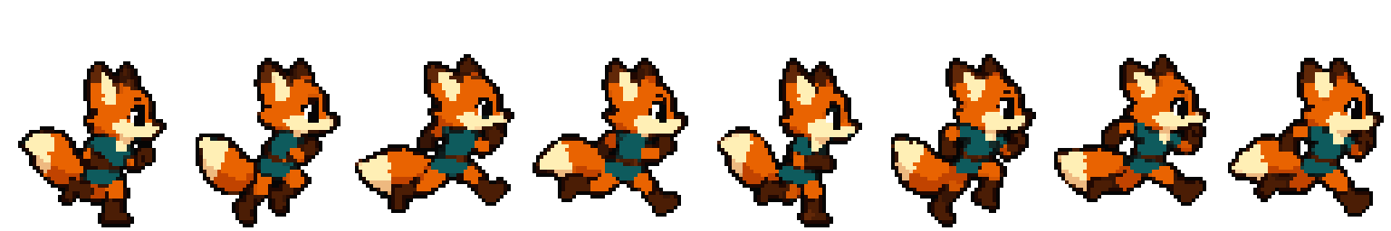 The new pixel fox run as an 8-frame sprite sheet, 48x64 cells, shown at 4x