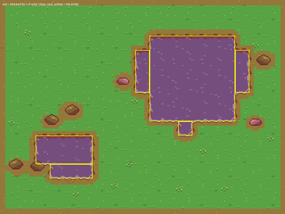 16x16-tile grass and water map with the collision overlay