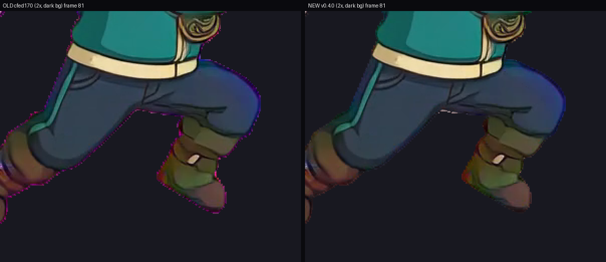 2x crop of the same Grok frame: a magenta outline with the old keyer, a clean edge with the 0.4 soft matte