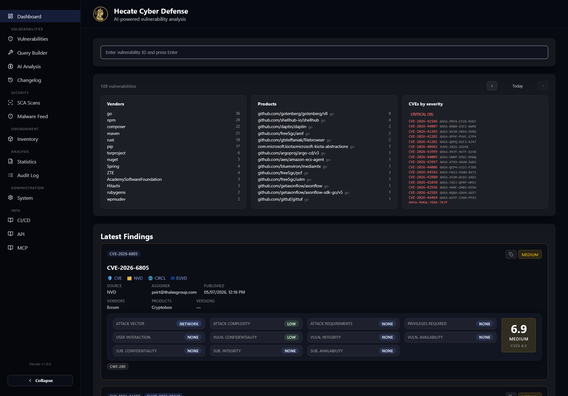 Hecate dashboard — vulnerability search with CVSS, EPSS, KEV badges and live SSE updates