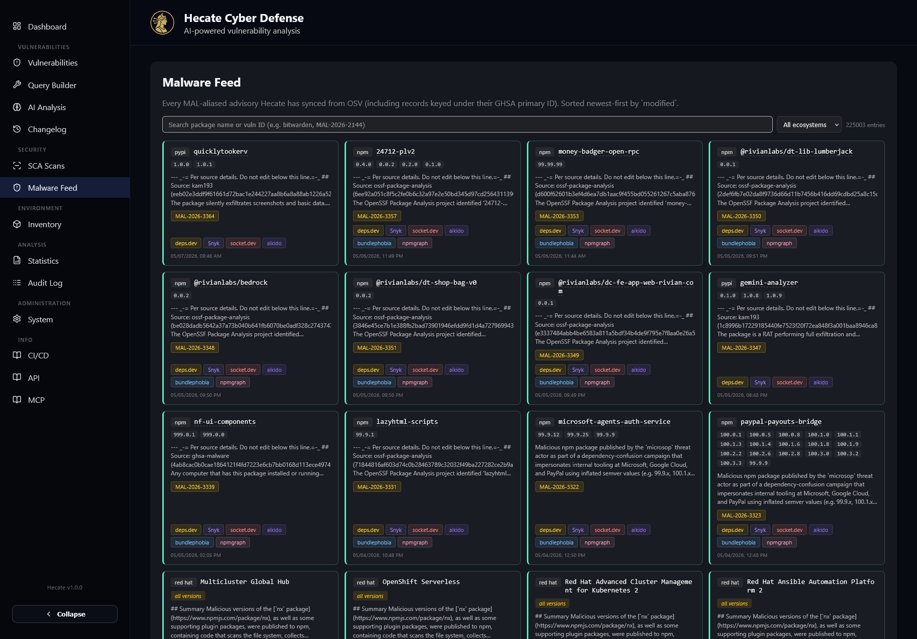 Malware feed: MAL-aliased OSV advisories across ecosystems