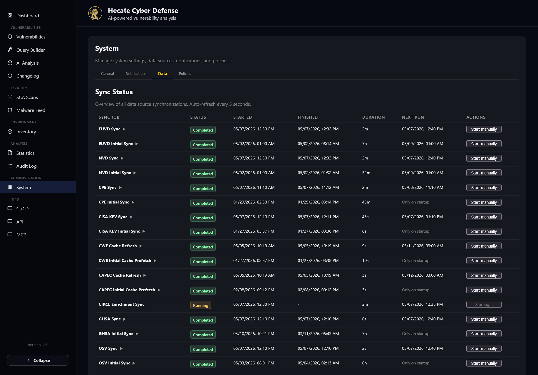 Data-source sync status and re-sync controls