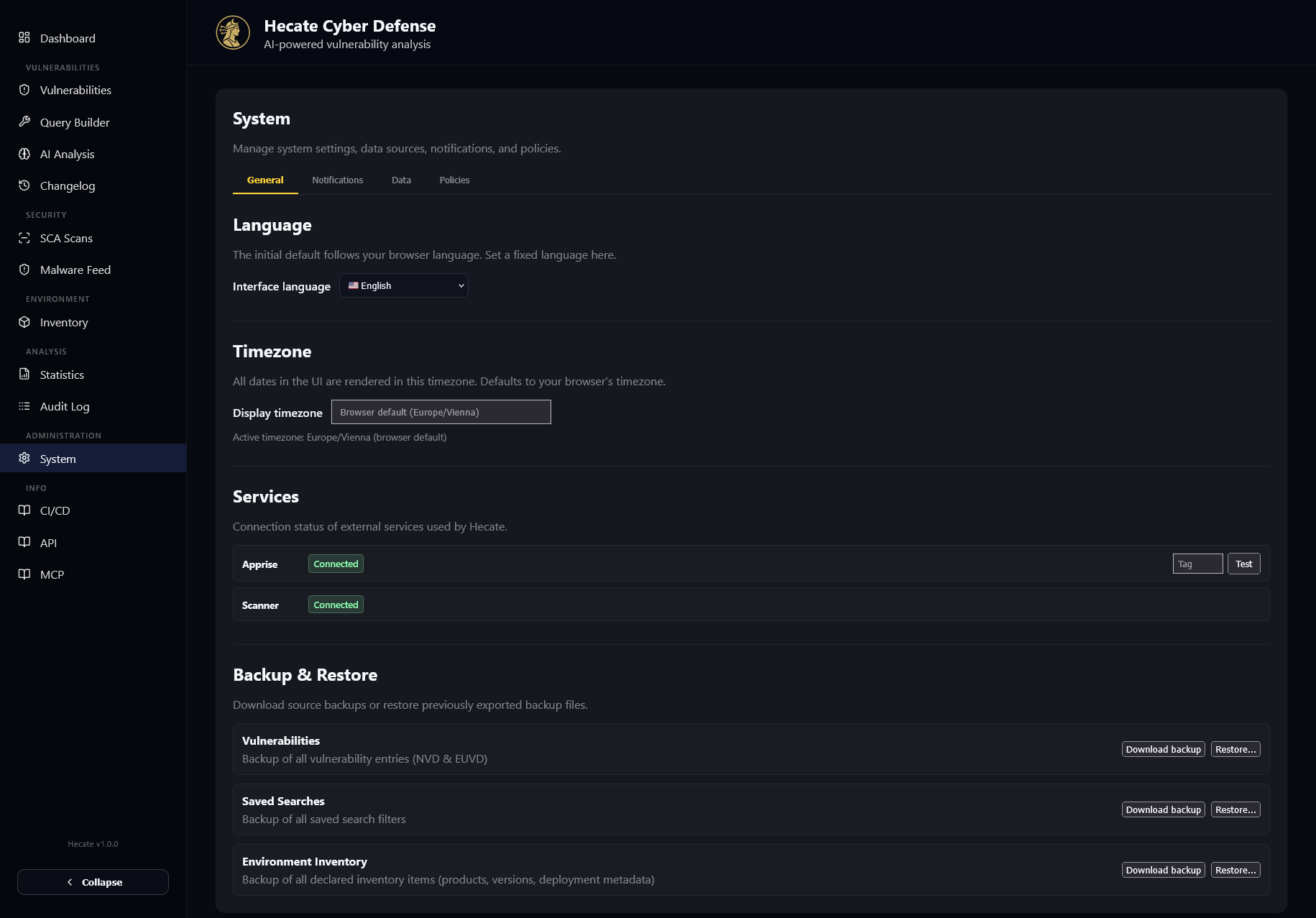System settings: notifications, data sources, policies