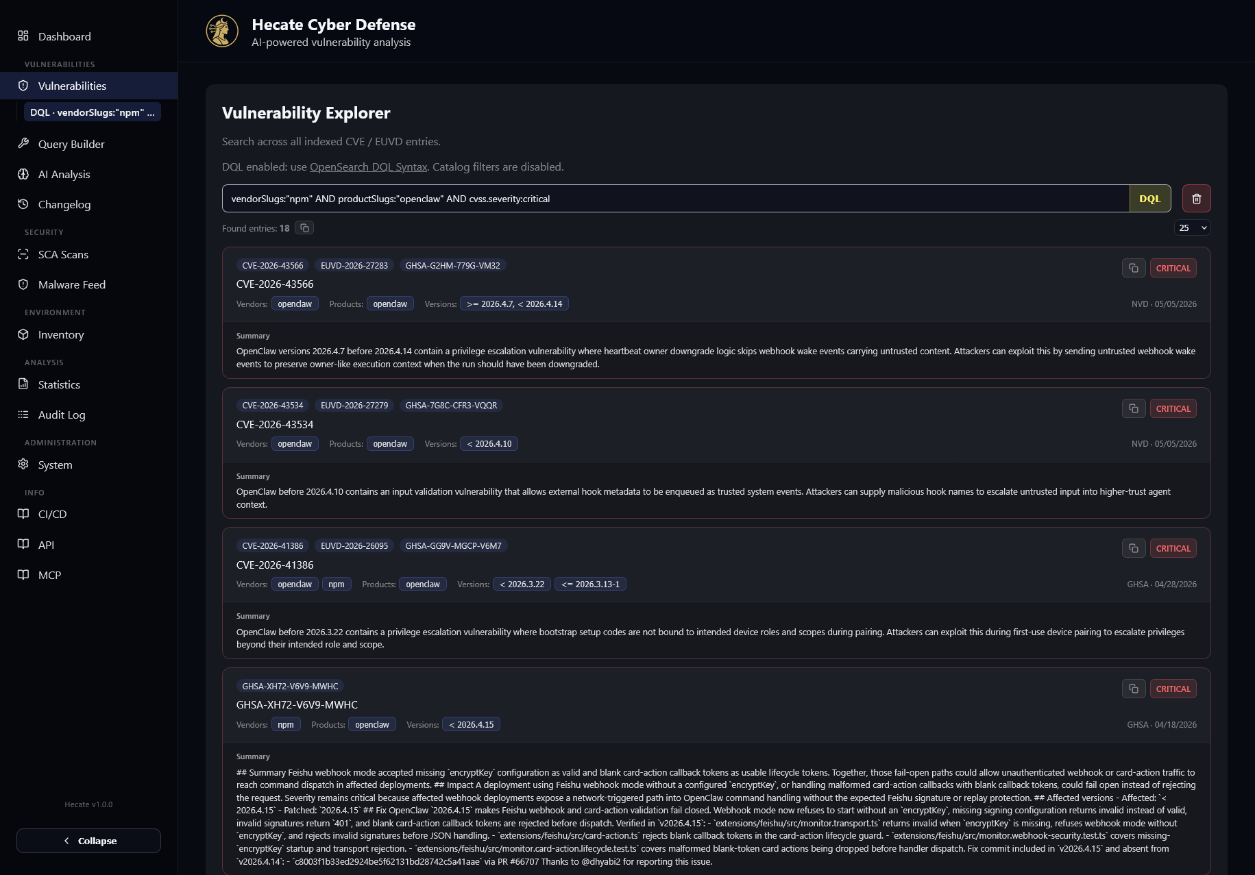 Saved search applied to the vulnerability list