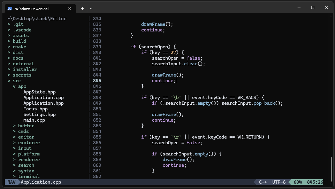 Kiwi editor showing a C++ project in Tree mode