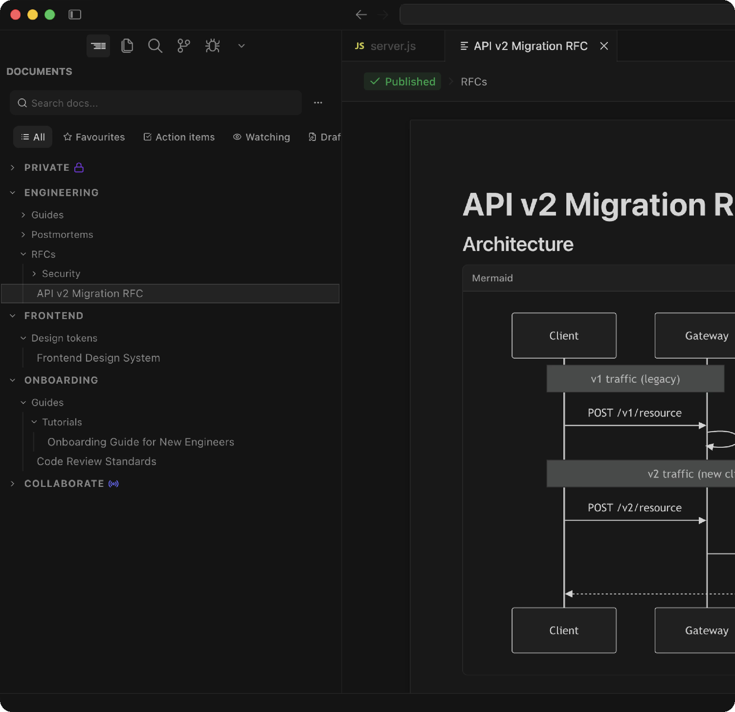 The Meridian editor in VS Code: the docs sidebar on the left, and an RFC with a Mermaid sequence diagram open as an editor tab