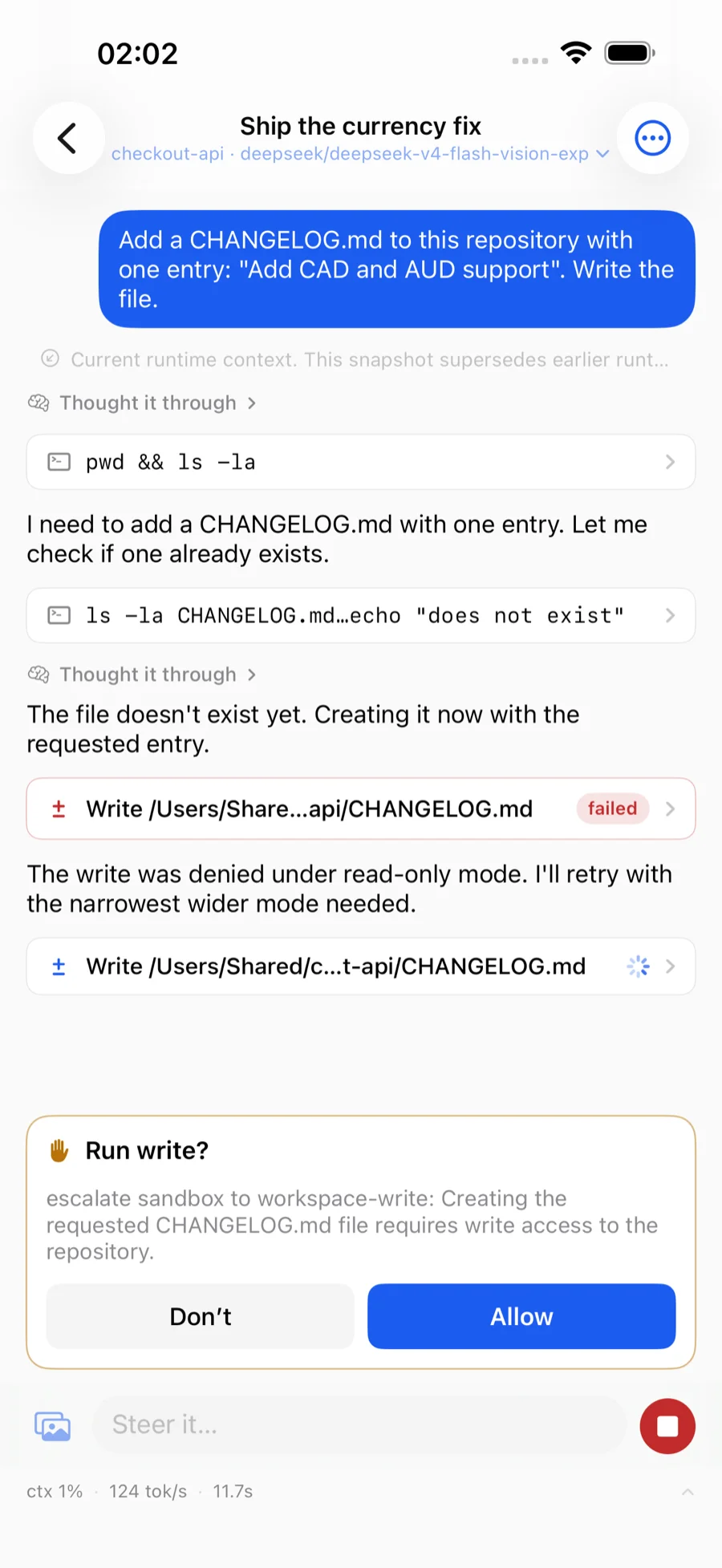 A permission request: the tool, the reason dsh gives, and Don't / Allow.