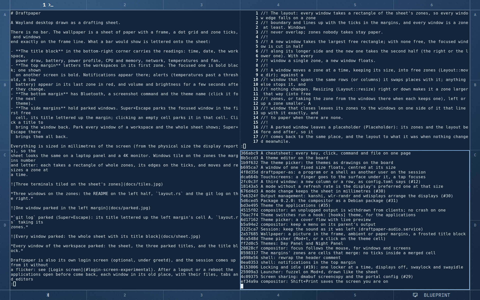 The Blueprint theme: two windows side by side, one parked in the right margin