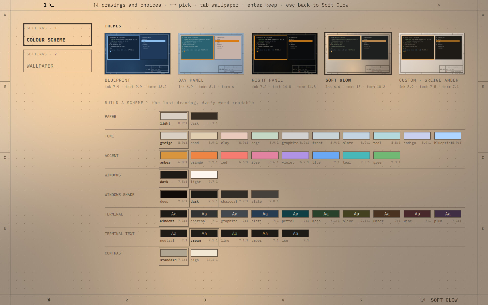 The settings: the colour scheme page, the themes as drawings on the board and the scheme builder below them