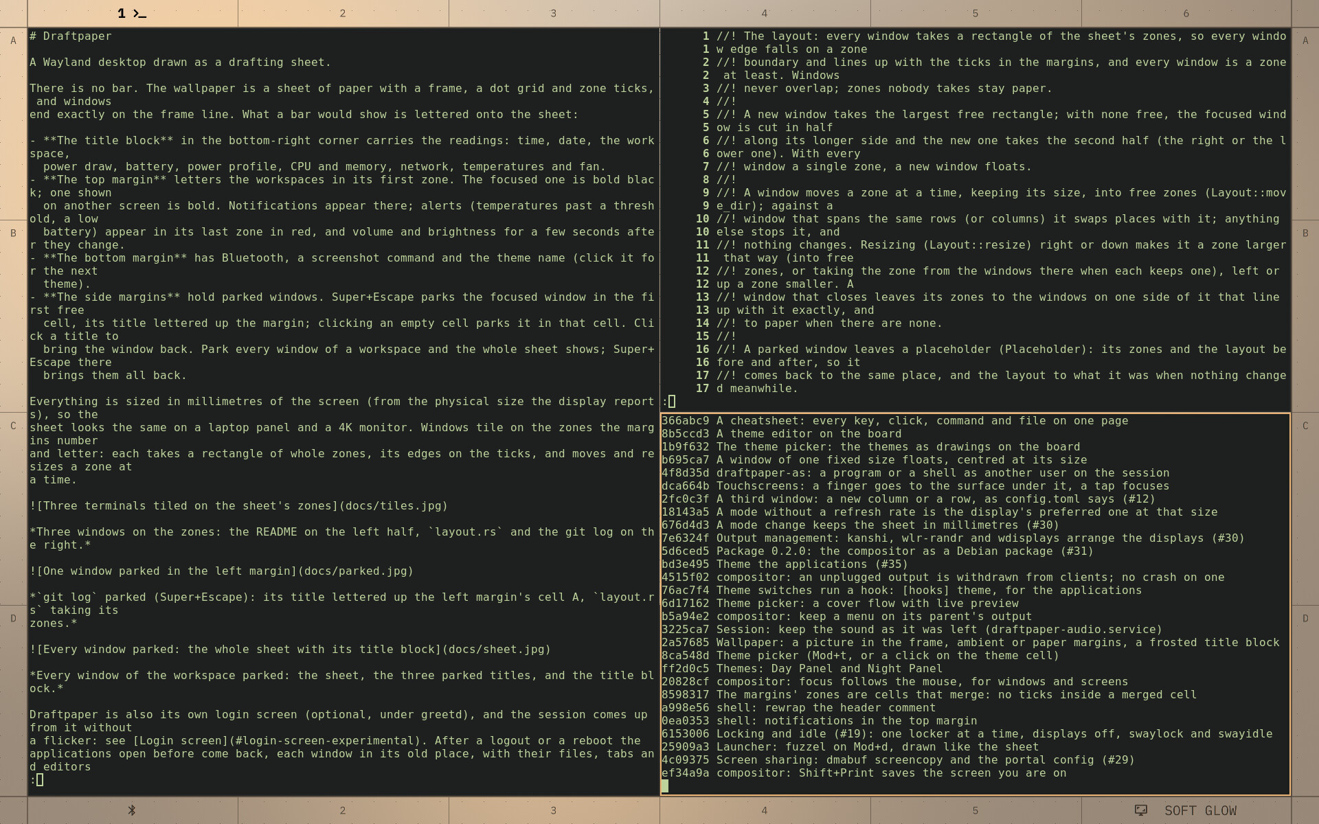 Three terminals tiled on the sheet's zones