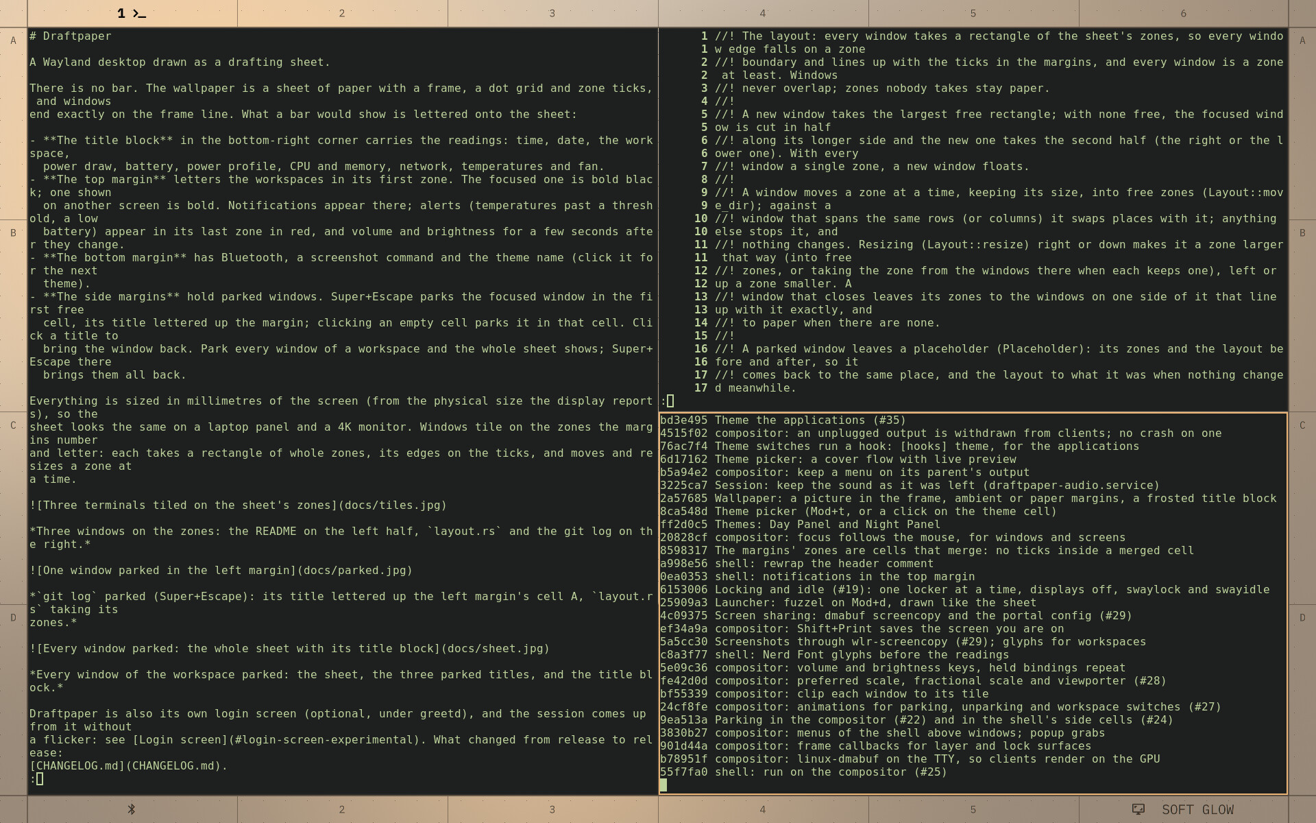 Three terminals tiled on the sheet's zones