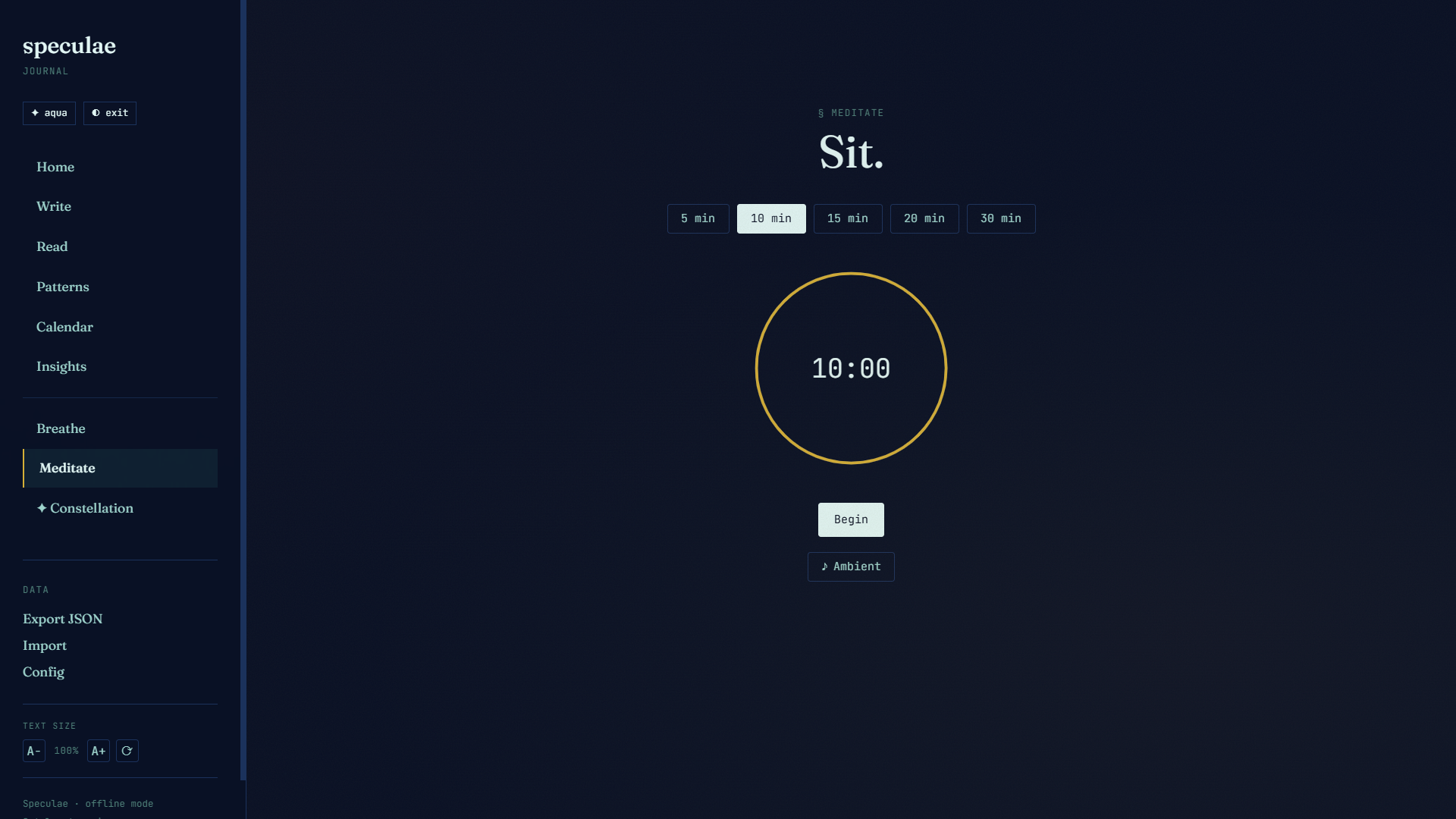 Meditate view — full-screen timer with ambient sound controls