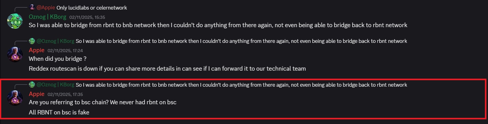 Redbelly team Discord message confirming no RBNT exists on BNB Chain