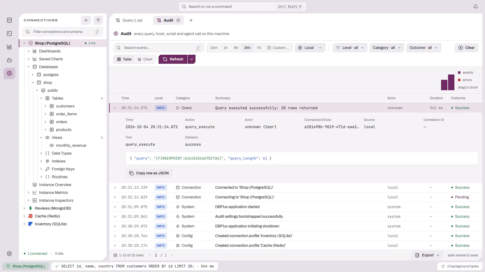 An audit event expanded to show its action, actor, connection, decision and the fingerprint of the query