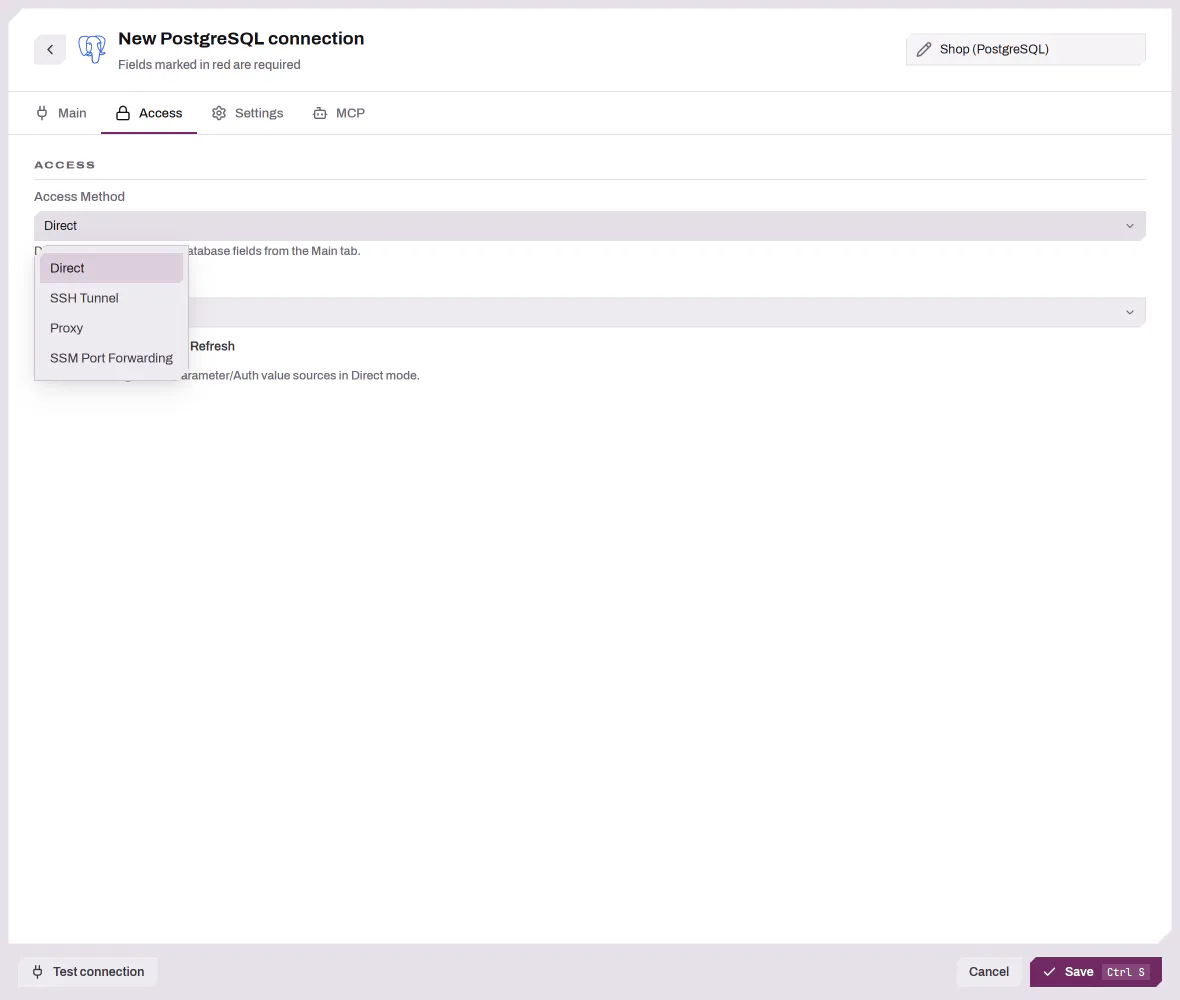 The Access tab of a PostgreSQL connection with the Access Method list open on Direct, SSH Tunnel, Proxy and SSM Port Forwarding
