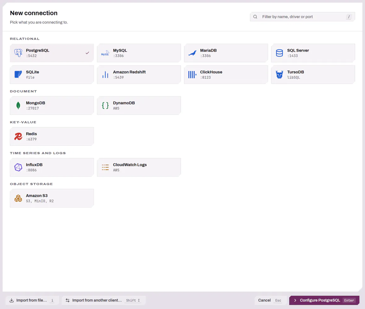 The Connection Manager driver picker, with drivers grouped as relational, document, key-value, time series and object storage