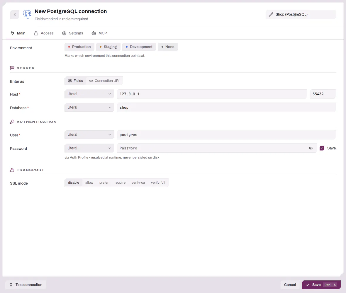 The Connection Manager with the PostgreSQL form filled in for a local database