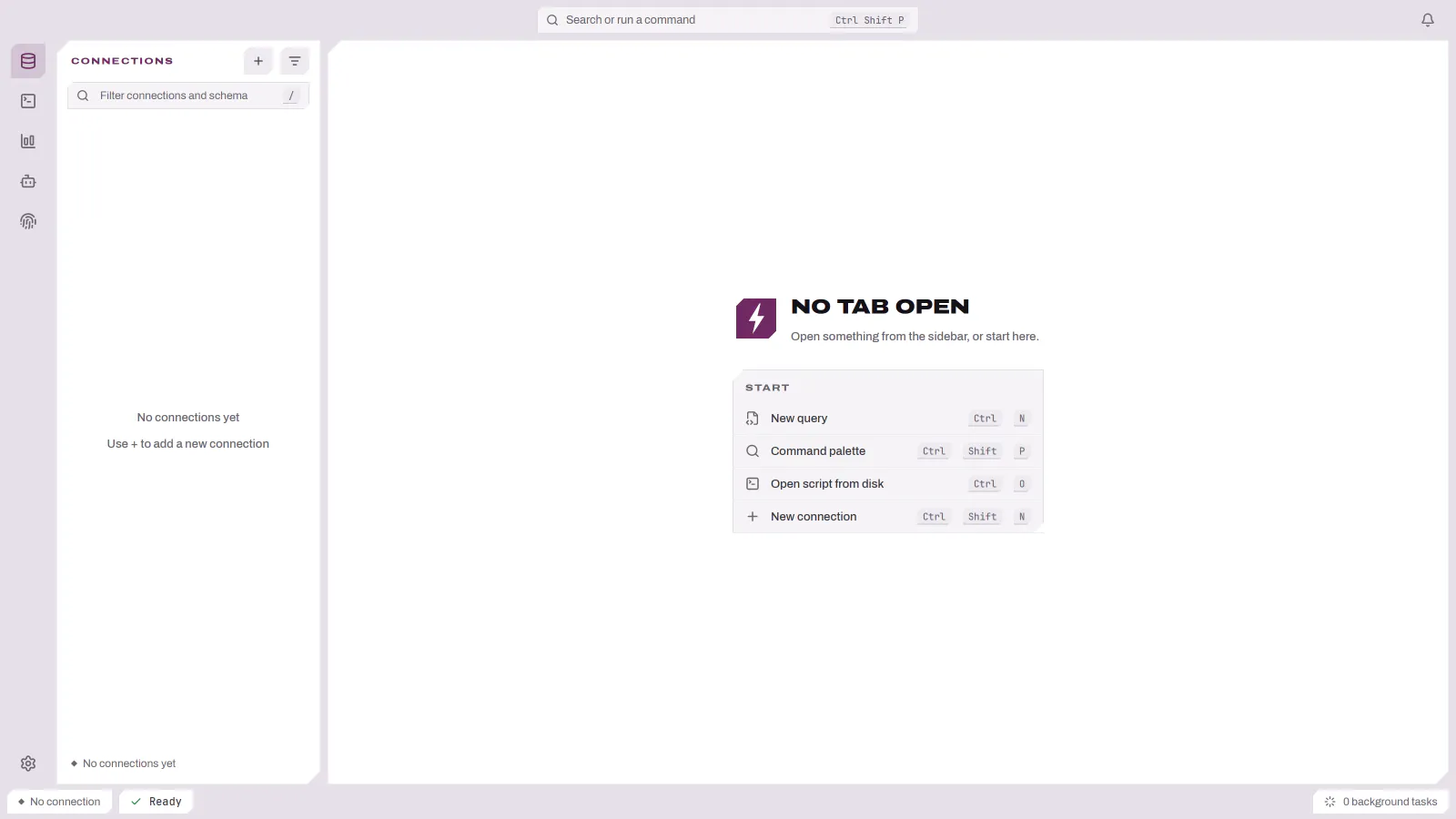 The DBFlux main window on a fresh install, with an empty sidebar and no connections