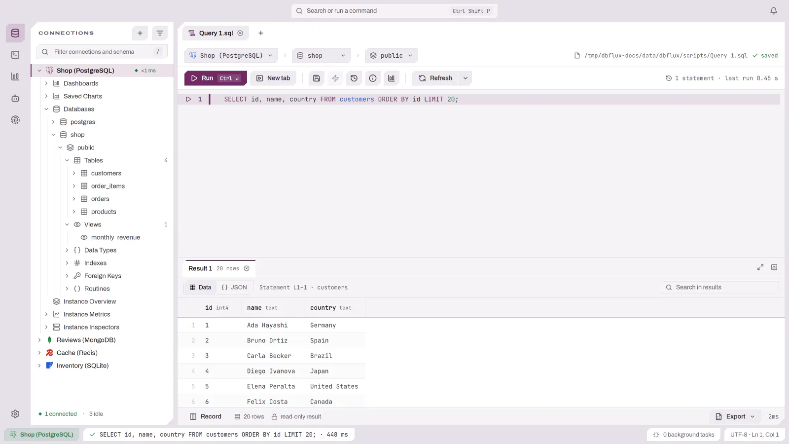 A query tab on a PostgreSQL connection with a SELECT query and its result below it
