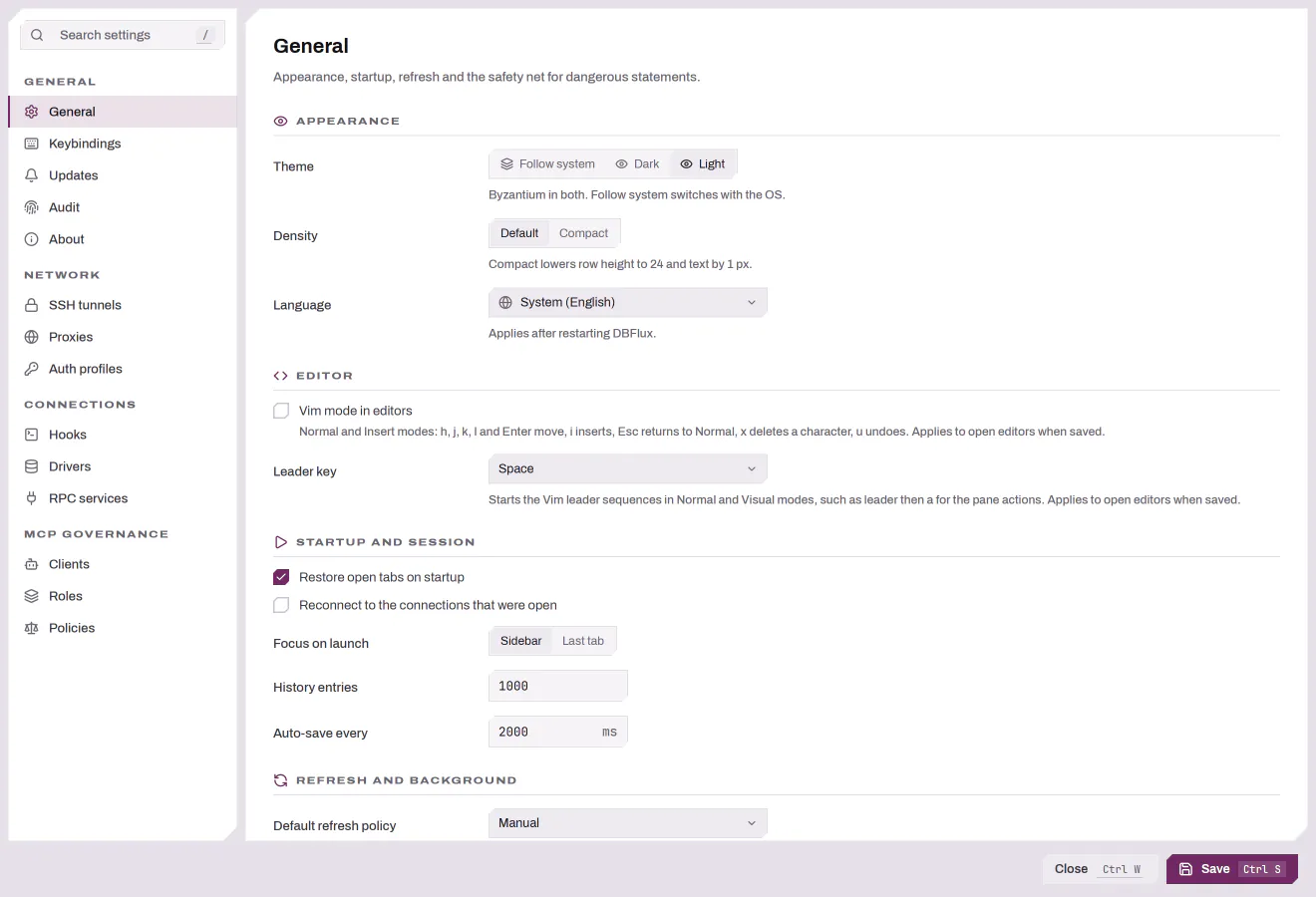 The Settings window on the General section, showing the appearance, editor and startup settings