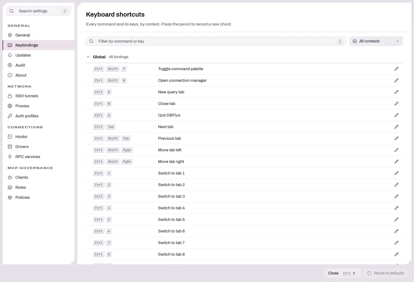 The Keybindings section of the Settings window, listing the global shortcuts with a pencil to change each one