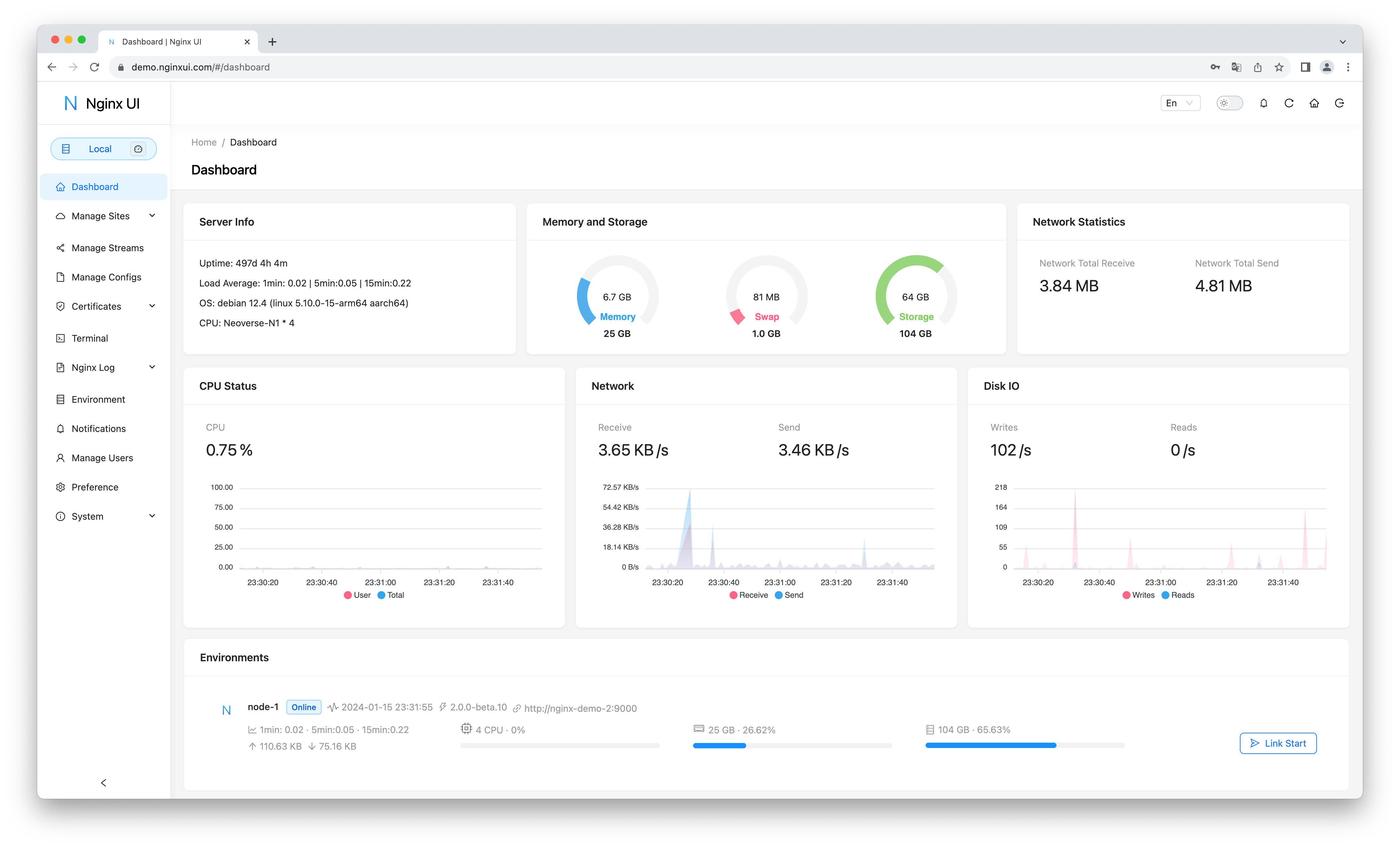 Nginx UI 英文仪表盘截图
