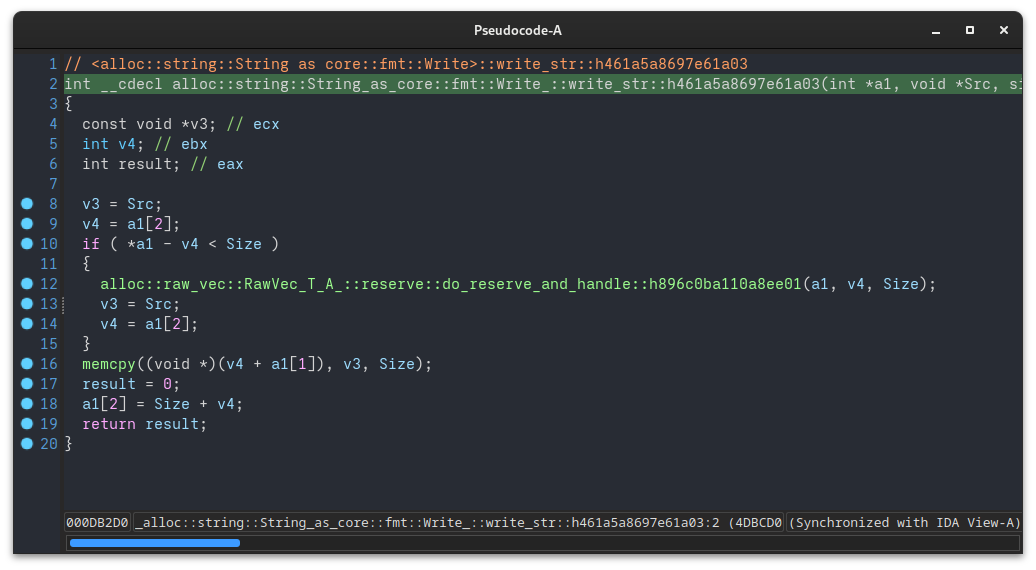 Image of a decompiled function with the original demangled Rust name <alloc::string::String as core::fmt::Write>::write_str::h461a5a8697e61a03