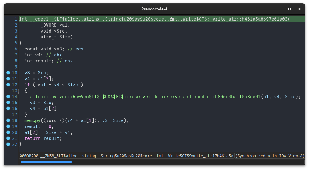 Image of a decompiled function with the Rust-mangled name _$LT$alloc..string..String$u20$as$u20$core..fmt..Write$GT$::write_str::h461a5a8697e61a03