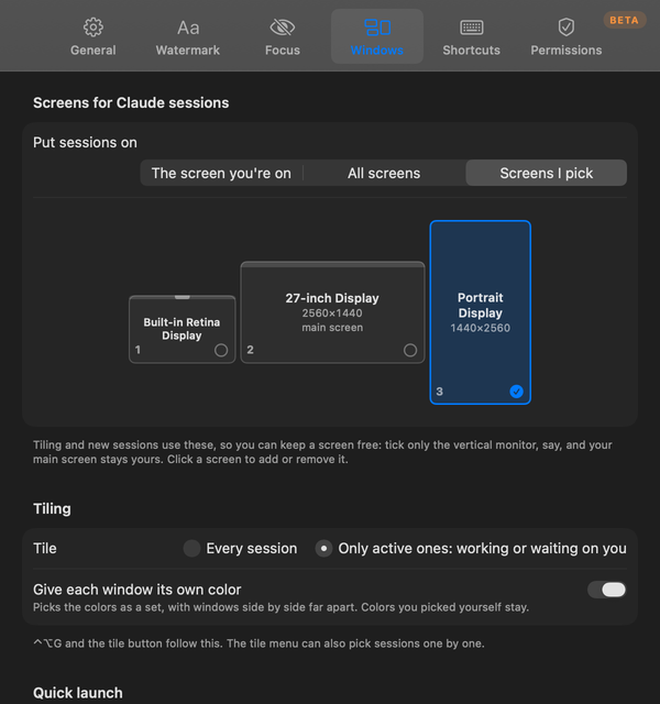 Settings › Windows: a map of three displays, with only the portrait display picked for Claude sessions, and tiling set to only active sessions