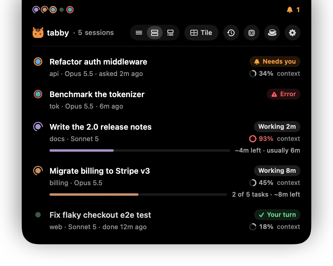 Tabby Island open under the notch: five Claude sessions with their names, status (needs you, error, working with progress, your turn) and context used