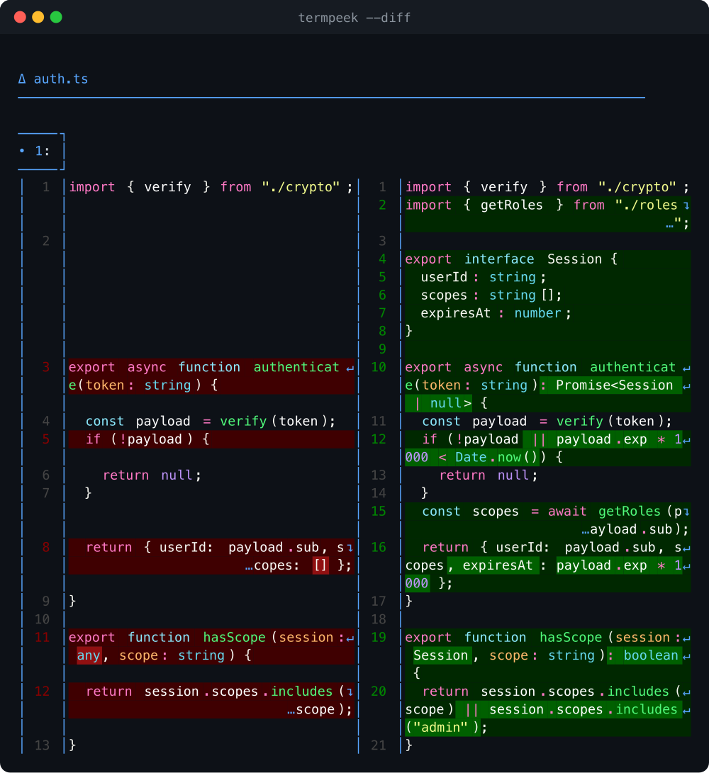 A side-by-side TypeScript diff with syntax highlighting and line numbers.