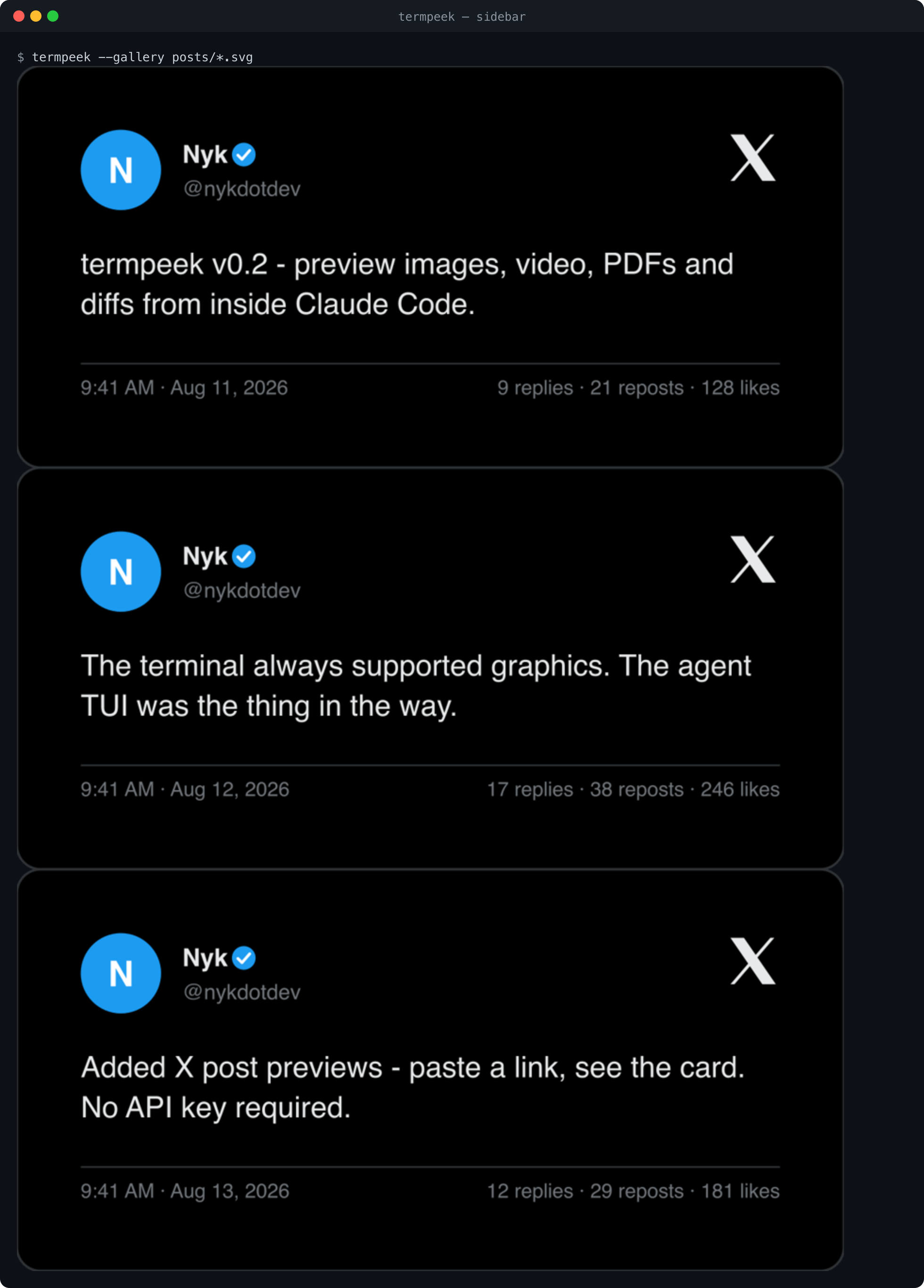 Three X post cards stacked in a termpeek sidebar pane, each showing avatar, handle, verified badge, text and counts.
