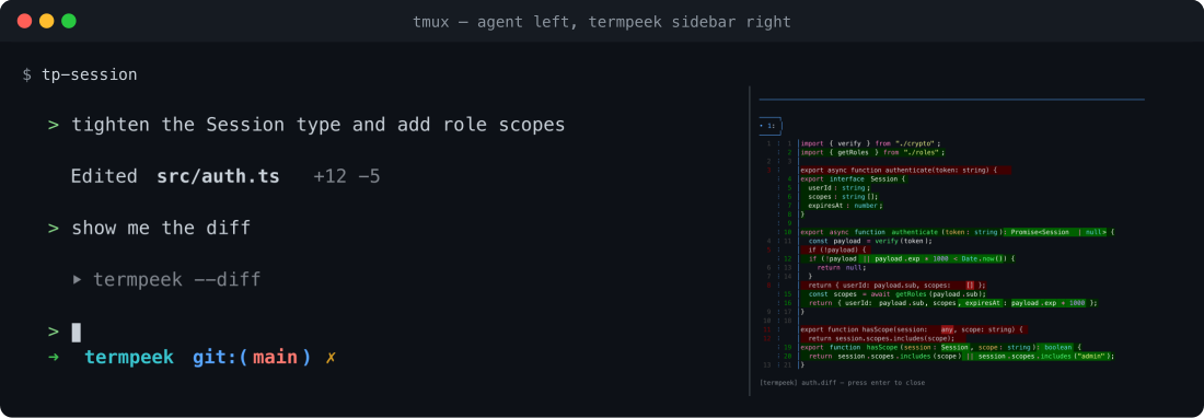 A tmux window with an agent conversation on the left and a termpeek diff preview on the right.