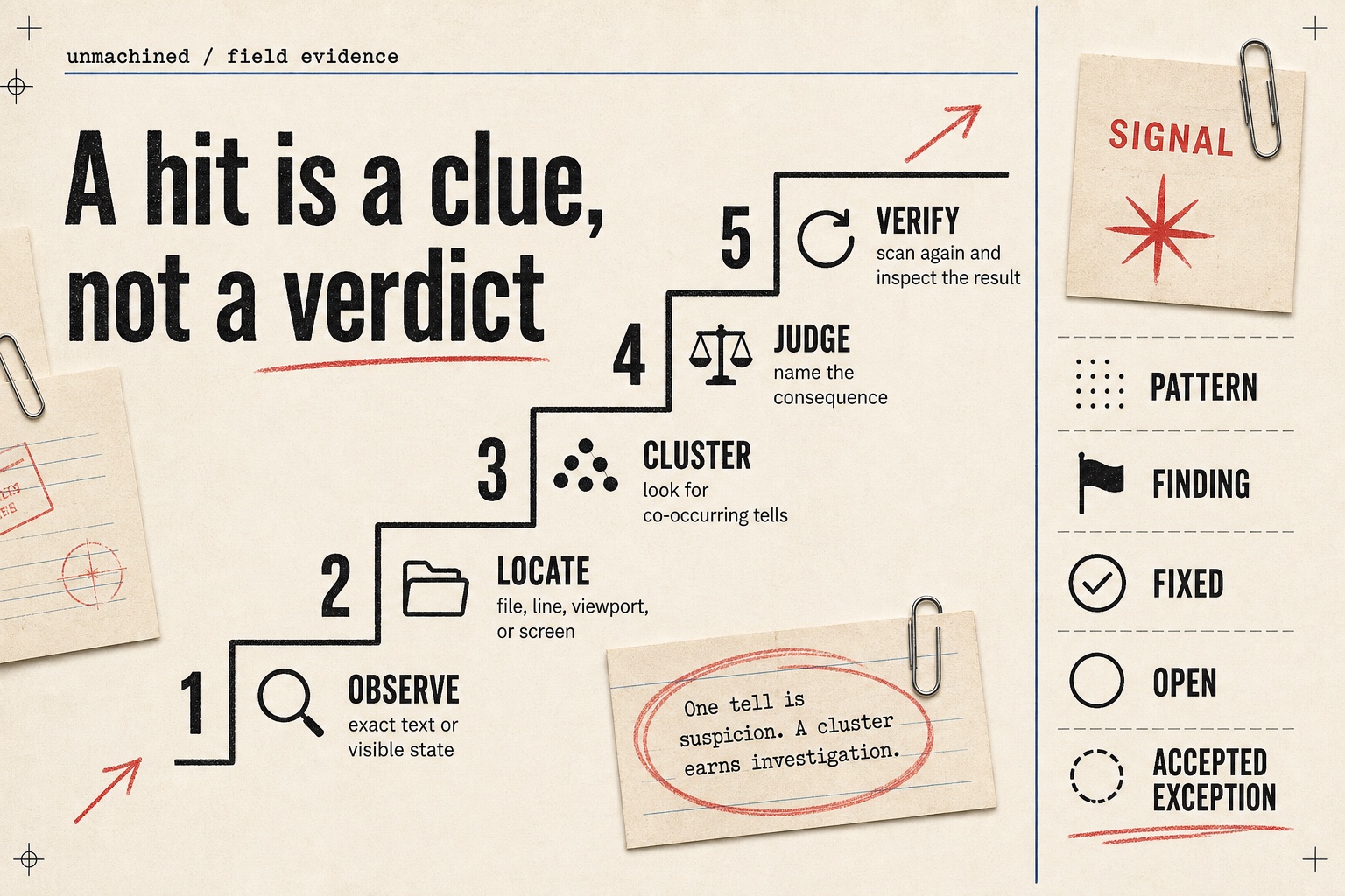 Evidence ladder from observed signal to verified finding