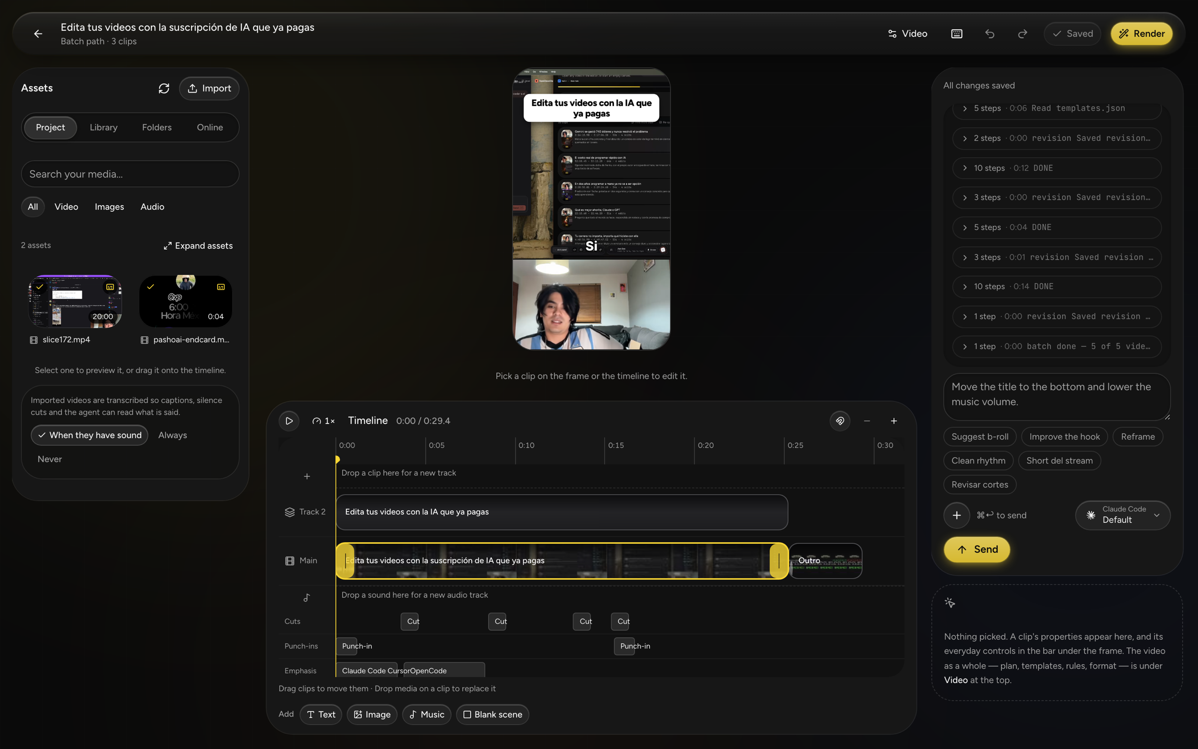 The editor with a video preview, timeline and agent conversation