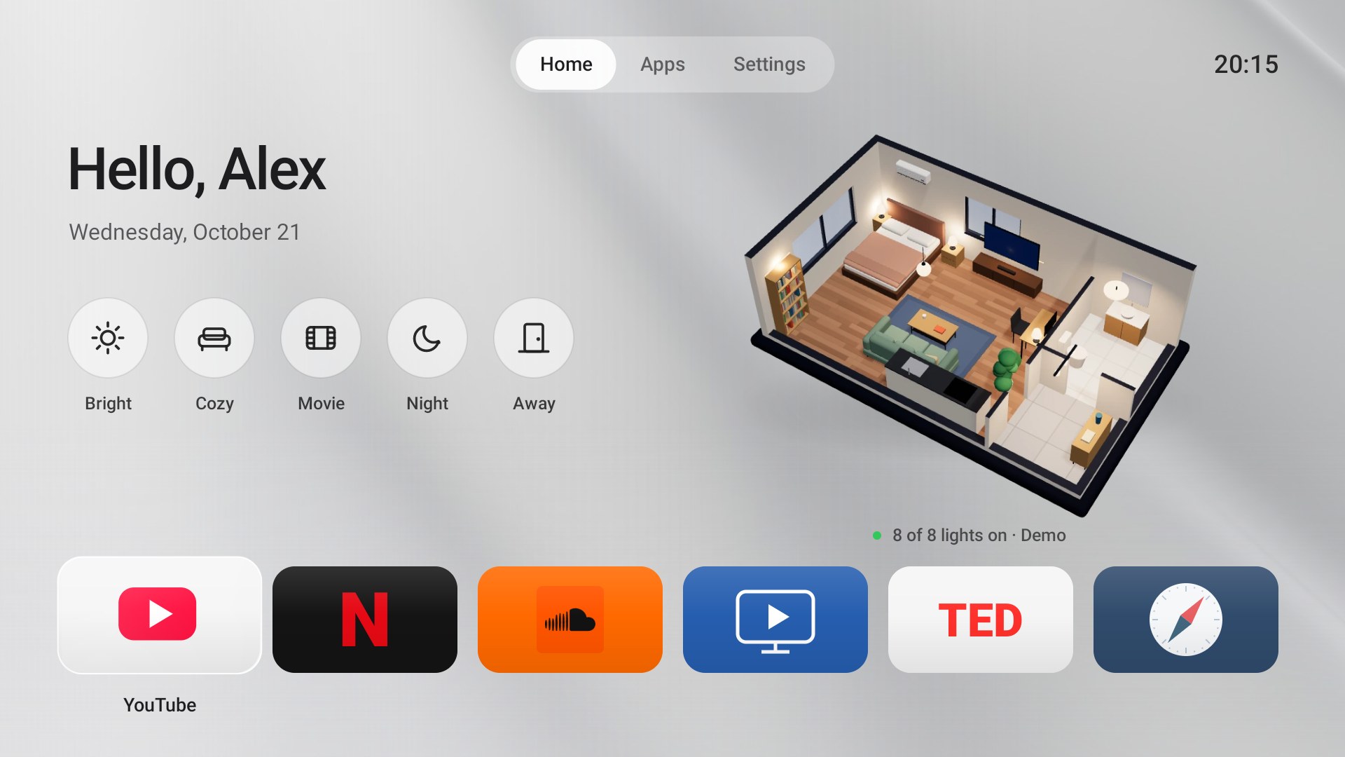 Luma's Home by day: Hello, Alex with the date, five round scene buttons, a 3D model of the home floating on pale silver silk and a row of favourite apps