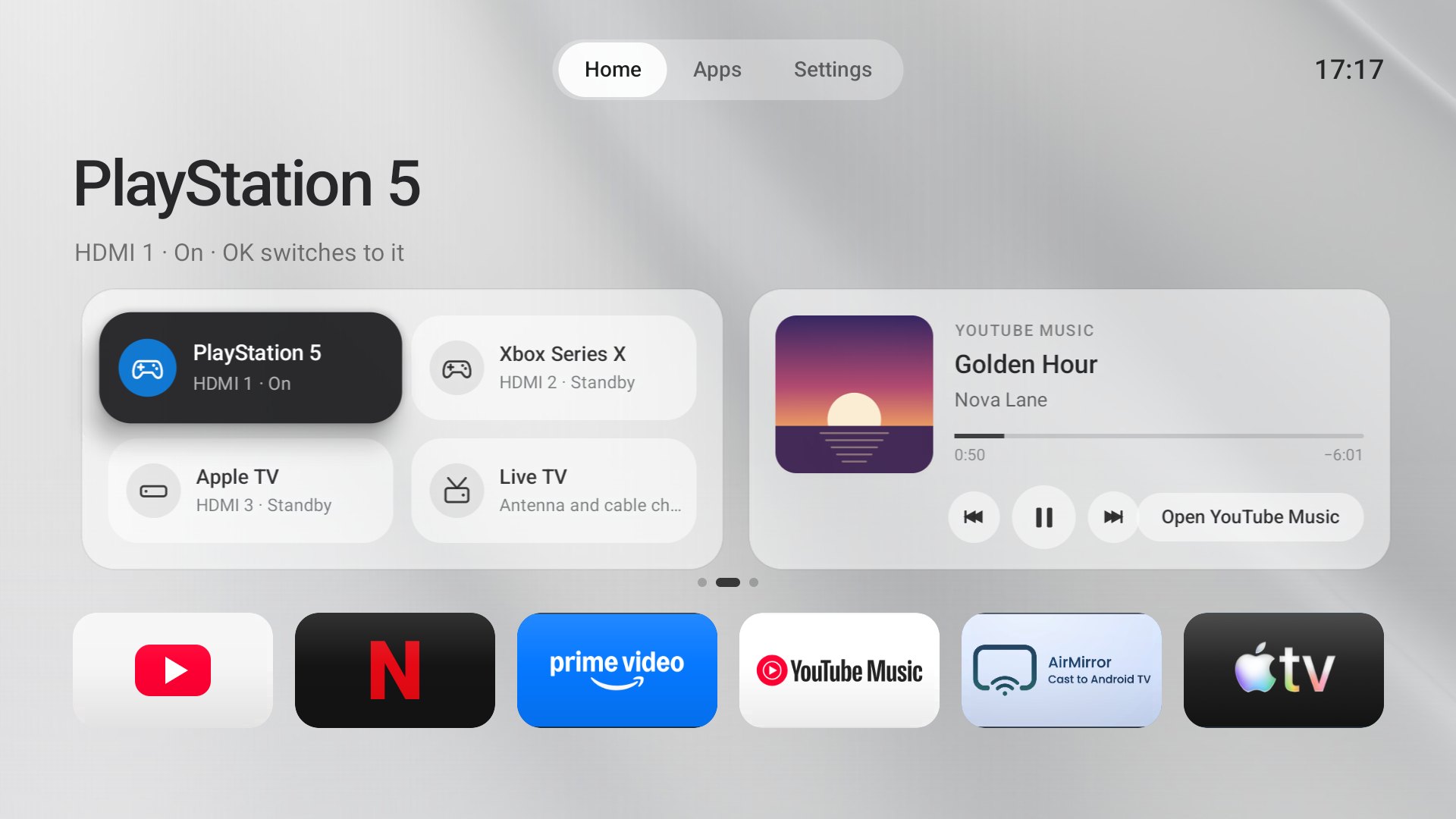 Inputs with a recognised PlayStation 5, Xbox Series X and Apple TV on HDMI 1 to 3, next to Now Playing