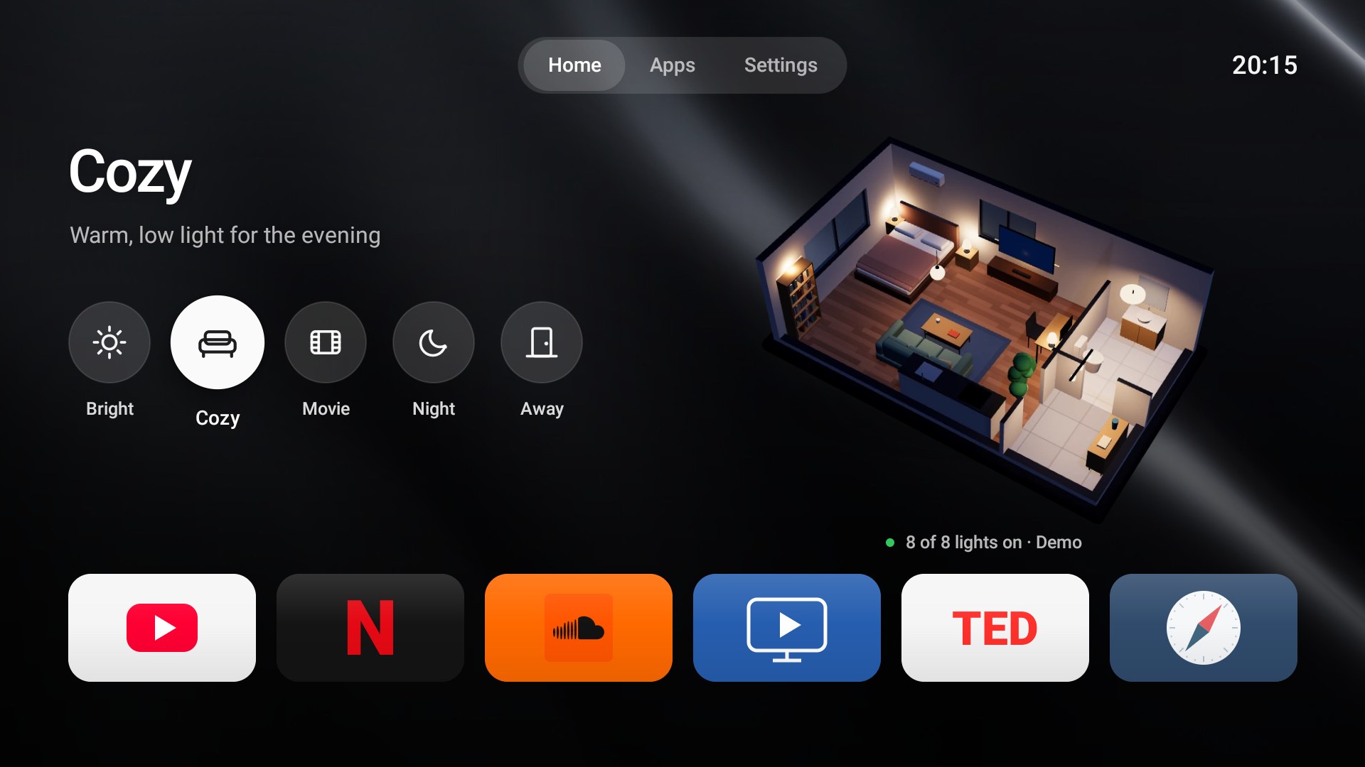 At night: the Cozy scene button in focus, with its description in the greeting, on graphite silk
