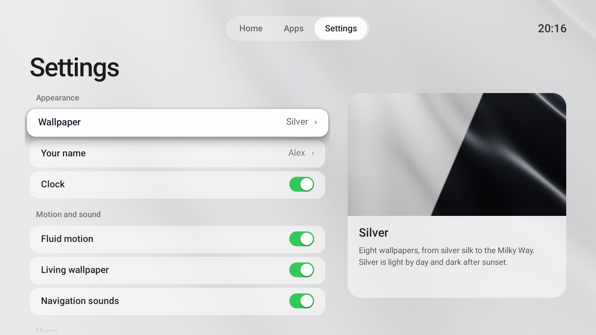 Settings in the light look: wallpaper, your name, clock, motion and sound