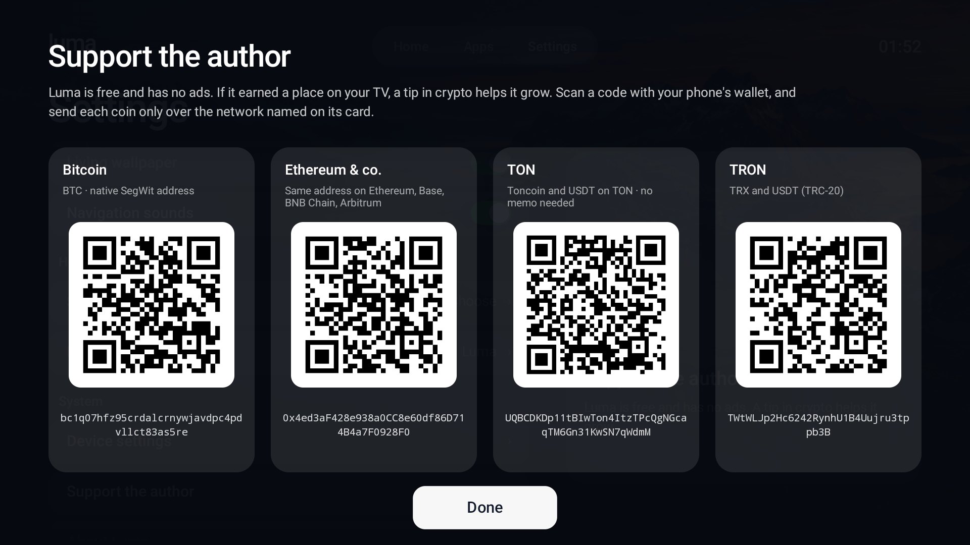 Settings → Support the author: four QR codes for tips in crypto