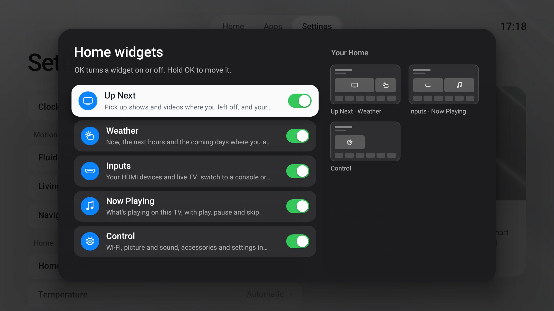 Settings → Home widgets: switches for each widget and miniature pages of Home