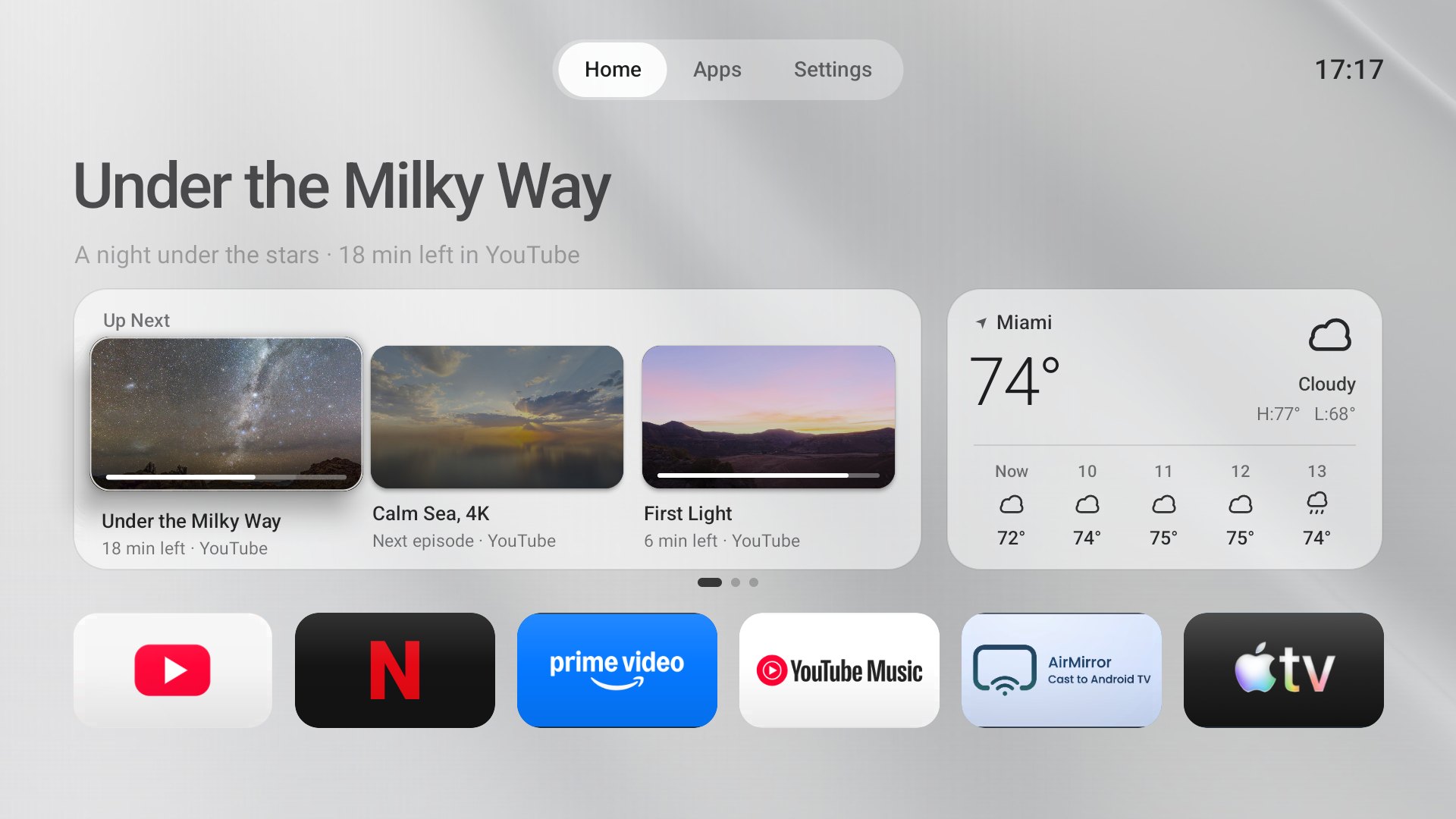 Home widgets: Up Next with three videos and their progress, and the weather in Miami for the next hours