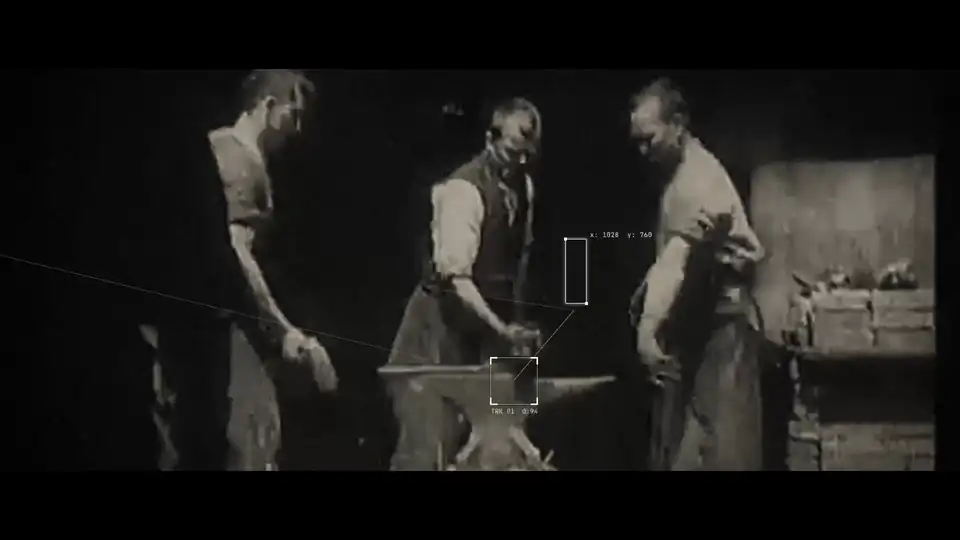 Shots from the Kinetograph launch film: an 1891 Edison film with tracked captions, a film camera, printing receipts, 3D, isometric, shader, canvas and glass shots, then the kinetograph. wordmark