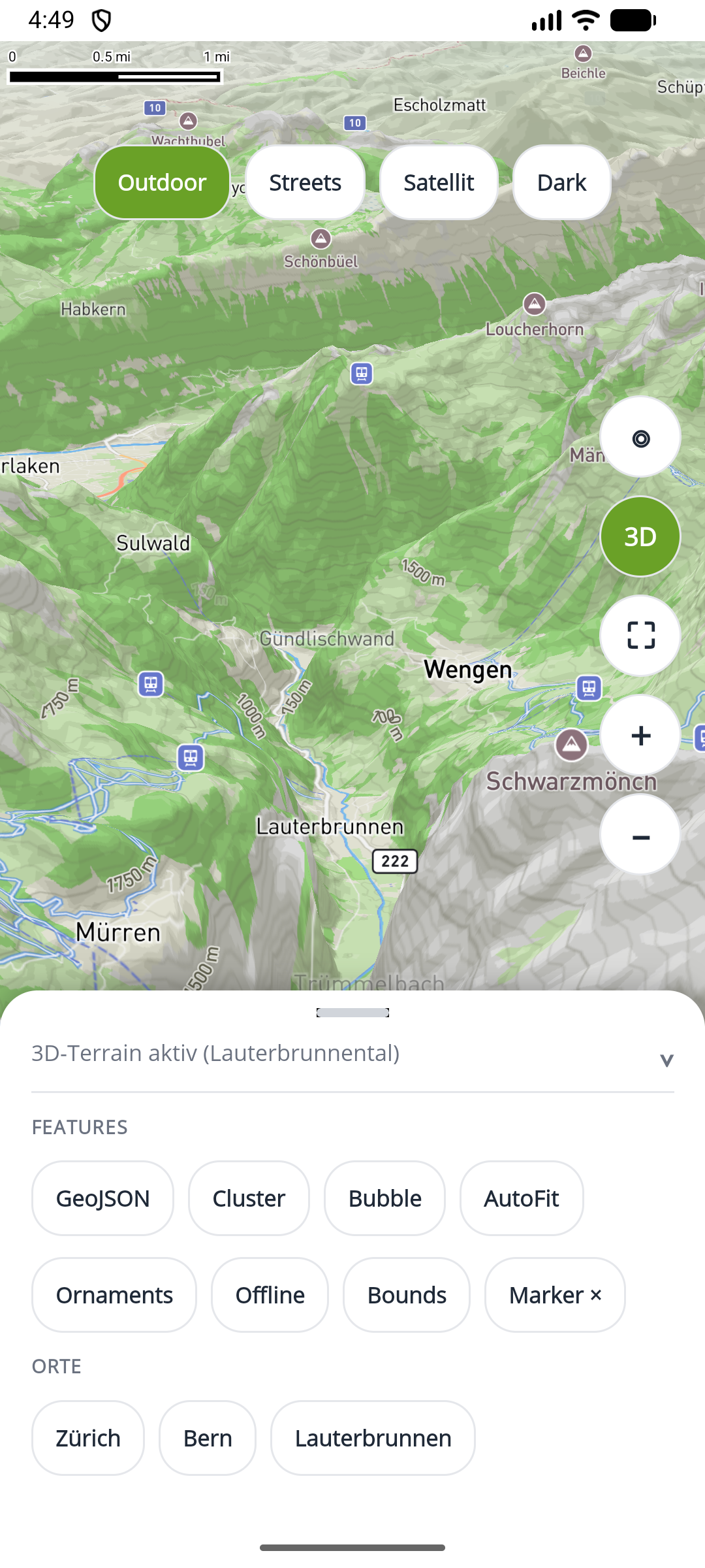 Android 3D terrain over the Lauterbrunnen valley