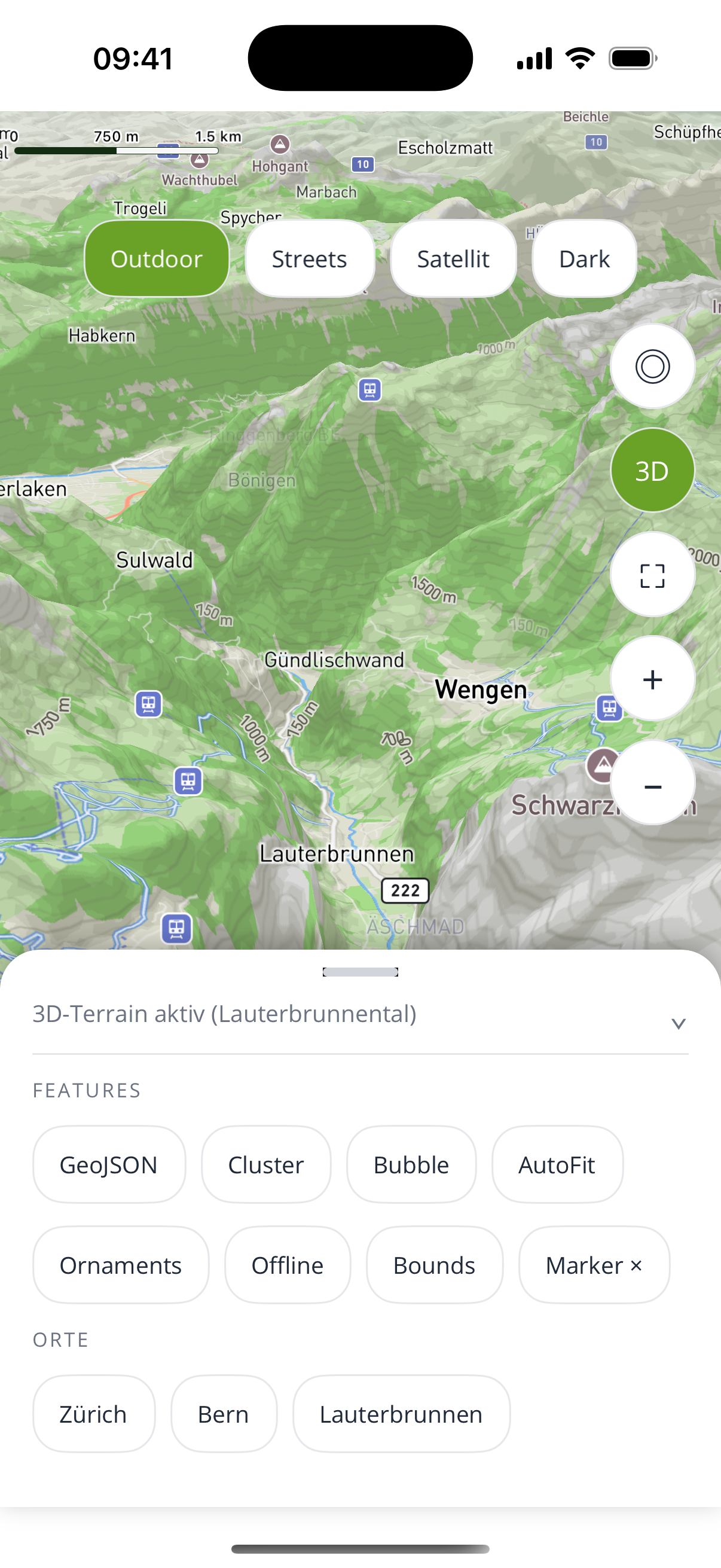 iOS 3D terrain over the Lauterbrunnen valley