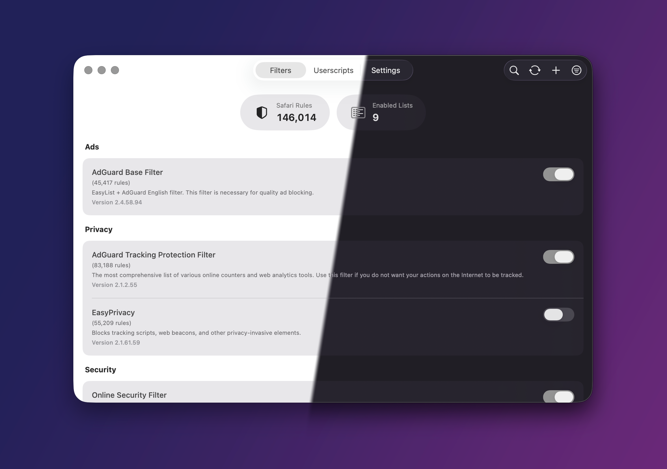 wBlock Filters for macOS in light and dark appearances