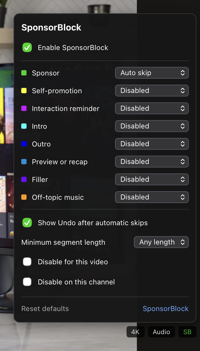 SponsorBlock settings in Tube Cleaner